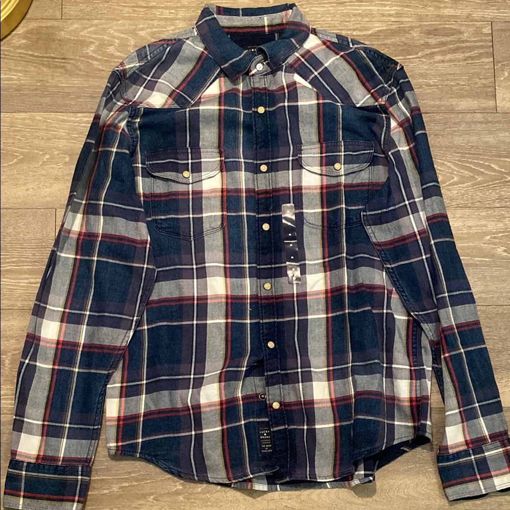 Lucky Brand Blue and Red Casual Pearl Snap Down Shirt Mens Sz Medium EUC